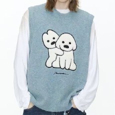 批发韩系针织衫坎肩马甲秋冬宽松卡通小狗<b class='q'>图案</b>刺绣无袖毛衣<b class='q'>背心</b>