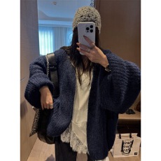 批发慵懒风<b class='q'>中长款</b>灯笼袖毛衣女外套女秋冬氛围感宽松加厚针织开衫上衣