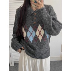 批发2025秋冬新款半开翻领针织衫女装<b class='q'>宽松</b>学院慵懒风花纱毛衣<b class='q'>外套</b>上衣