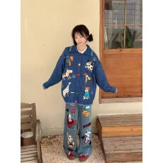 批发复古卡通小狗重工刺绣开<b class='q'>衫</b>毛衣外套女宽松bf慵懒风上衣