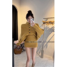 批发2025新款<b class='q'>韩版</b>宽松休闲时尚百搭显瘦高领长袖上衣+半身裙两件套女