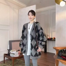 批发韩国东大门早秋新款复古风拼色<b class='q'>韩版</b>撞色格子慵懒风毛针织开衫上衣