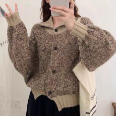 批发禧宝XIBAO女款外套冬季2025新款撞色翻领开衫厚款针织衫保暖上衣