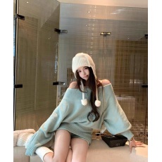 批发Okaaay【淡人舒适区】慵懒风斜肩长袖毛衣套装秋季休闲短裤两件套