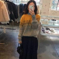 批发圆领提花针织衫毛衣女sienn*韩国小众宽松叠搭撞色上衣