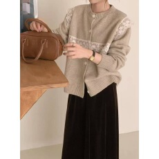 批发韩系复古<b class='q'>蕾丝</b>拼接针织开衫女秋冬新款小众设计感毛衣外套宽松上衣