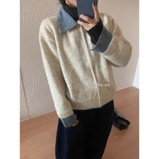 批发十三行女装 设计感秋冬新款<b class='q'>牛仔</b>翻领长袖拼接针织开衫毛衣<b class='q'>外套女</b>