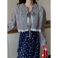 批发26秋冬 韩国麻花螺旋纹针织衫系绳<b class='q'>手工</b>花边蕾丝长袖加厚<b class='q'>毛衣</b>