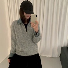 批发实力工厂新款拼接牛仔设计感翻领拉链针织开衫日常百搭文艺外套女