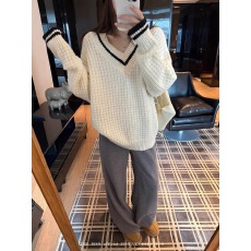 批发宁司 撞色V领慵懒宽松套头毛衣女秋冬新款韩系<b class='q'>休闲</b>百搭针织上衣