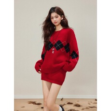 批发菱格宽松显瘦针织毛衣<b class='q'>套装</b>女2025新款冬季高级感穿搭半身裙两件套