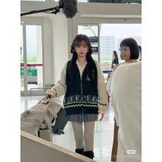 批发虞书欣卫枝同款撞色拼接针织开衫毛衣外套爆款女