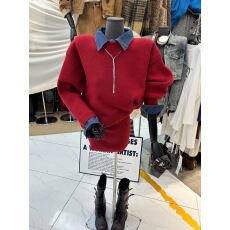 批发韩系新款小个子穿搭套装学院风假两件<b class='q'>牛仔</b><b class='q'>衬衫</b>领毛衣短裙两件套女