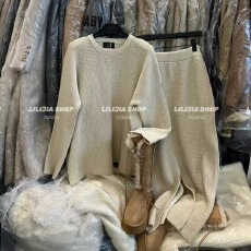 批发卡其色圆领宽松华夫格针织衫2025秋冬加厚保暖显瘦阔腿<b class='q'>裤</b><b class='q'>两件套装</b>