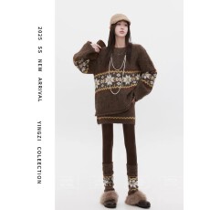 批发带袜子颖子定制初雪岛屿慵懒风费尔岛圣诞红毛衣套装<b class='q'>女</b>秋冬3件套