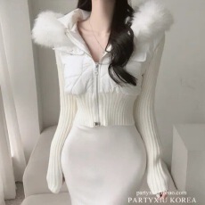 批发韩国东大门针织拼接双拉链短<b class='q'>外套</b>收腰显瘦仿<b class='q'>皮草</b>毛领棉服<b class='q'>外套</b>女