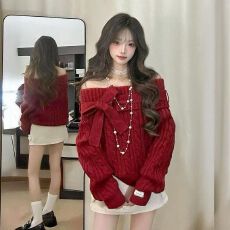 批发圣诞红色蝴蝶结一字肩长袖毛衣女秋冬加厚内搭慵懒高级感针织<b class='q'>上衣</b>