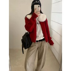 批发韩系软糯大毛领毛衣针织开衫<b class='q'>女</b>2025年秋冬季宽松慵懒风短外套上衣