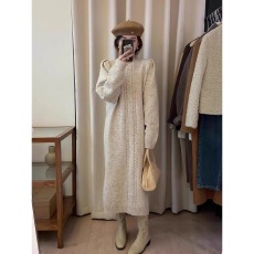 批发2025秋冬季新款麻花连衣裙女韩版宽松慵懒风<b class='q'>长</b>款过膝开叉毛衣<b class='q'>裙子</b>