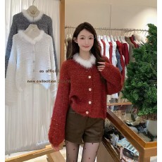 批发AS OFFICIAL博主穿搭氛围感氛围毛毛领 柔绒亮片细闪开<b class='q'>衫</b>毛衣小<b class='q'>衫</b>