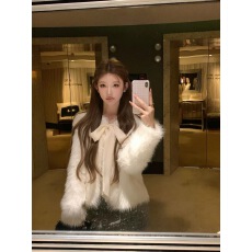 批发陈大钰水<b class='q'>貂绒</b>毛衣外套女宽松慵懒针织开衫秋冬蝴蝶结白色毛毛上衣