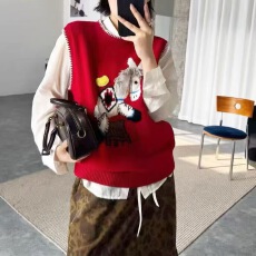 批发欧货2025冬季<b class='q'>新款</b>可爱休闲风提花流苏小马宽松马甲针织<b class='q'>毛衣</b>背心女