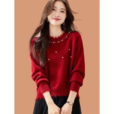 批发氛围感红色钉珠<b class='q'>毛衣</b>女秋冬可外穿2025<b class='q'>新款</b>短款内搭羊毛针织打底衫