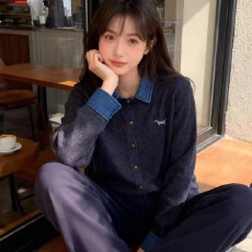 批发秋季<b class='q'>新款</b>假两件针织翻领牛仔<b class='q'>毛衣</b>复古慵懒风上衣