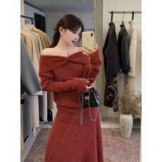 批发复古简约<b class='q'>时尚</b>一字肩针织套装女秋冬新款毛衣加<b class='q'>裙装</b>休闲两件套