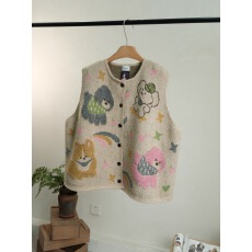 批发一七然秋冬新款日系减龄百搭圆领可爱小狗图案宽松显瘦针织<b class='q'>马甲</b>女