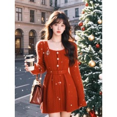 批发<b class='q'>短</b>裙新款秋冬小香风连衣裙富家千金高级感红色收腰毛衣裙