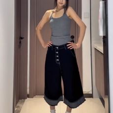 批发夏季美式复古多纽扣设计感七分<b class='q'>牛仔</b>裤<b class='q'>男</b>女小众宽松多口袋阔腿<b class='q'>短裤</b>