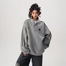 批发秋季美式卫衣复古织带刺绣开衫卫衣<b class='q'>男</b>女潮牌宽松立领运动<b class='q'>夹克</b>