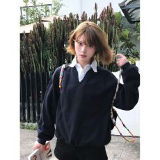 批发大码美式<b class='q'>学院风</b>假两件卫衣<b class='q'>衬衫</b>女春秋新款气质polo领外穿宽松上衣