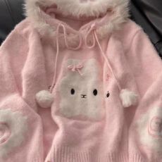 批发日系甜美<b class='q'>可爱</b>卡通粉色毛领毛衣男女秋冬宽松甜酷软糯针织衫外套潮