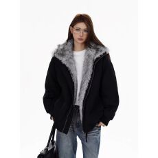 批发座山雕毛领加绒加厚外套女冬季宽松美式小众潮牌夹克棉服