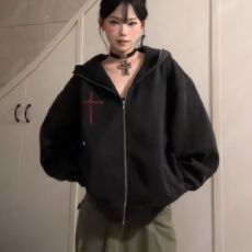 批发大码双拉链连帽毛衣女秋<b class='q'>冬</b>胖mm显瘦针织开衫宽松抽绳复古小众上衣