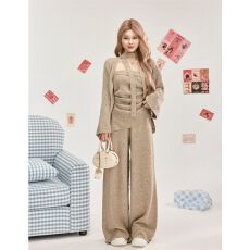 批发法式时尚针织开衫套装外套挂脖抹胸上衣直筒长裤休闲三件套