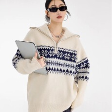批发复古半拉链高领毛衣女费尔岛提花宽松慵懒套头针织上衣
