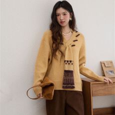 批发V领长袖毛衣女秋<b class='q'>冬</b>2025年秋季新款设计感撞色围巾针织衫内搭上衣