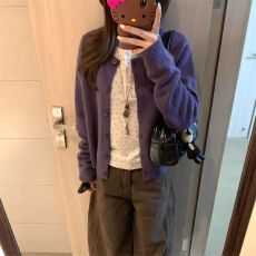 批发紫色慵懒高级感针织开衫<b class='q'>毛衣</b>外套女秋冬2025新款碎花内搭打底上衣