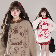 批发日系复古水<b class='q'>貂绒</b>连帽毛衣宽松休闲卡通熊提花套头针织衫