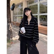 批发<b class='q'>北极</b><b class='q'>绒</b>长袖上衣针织打底衫女装条纹宽松秋冬翻领保暖毛衣