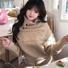 北极绒腈纶35%锦纶40%PBT25%韩系高领麻花毛衣女针织衫显瘦上衣