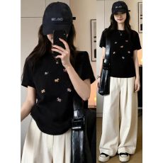 40支纯棉210克92棉/8氨纶V领纯色短袖T恤女收腰