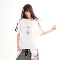 批发春季新款美式运动风透气短袖T恤女撞色条纹宽松情侣百搭上衣<b class='q'>男</b>潮T