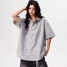 批发夏季新款美式复古条纹假两件短袖POLO衫男女潮牌宽松百搭情侣体恤