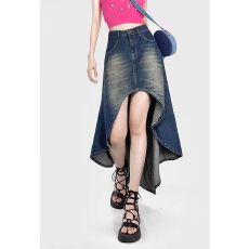 批发美式街头辣妹A字<b class='q'>牛仔</b>裙女夏季高腰水洗做旧设计感不规则半身<b class='q'>长裙</b>