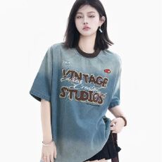 批发夏季美式复古重工字母刺绣水洗<b class='q'>牛仔</b>短袖T恤宽松潮牌情侣款<b class='q'>上衣</b>