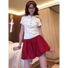 批发美式学院风休闲<b class='q'>运动服</b>套装女夏季红白拼色POLO衫短袖短裤裙两件套